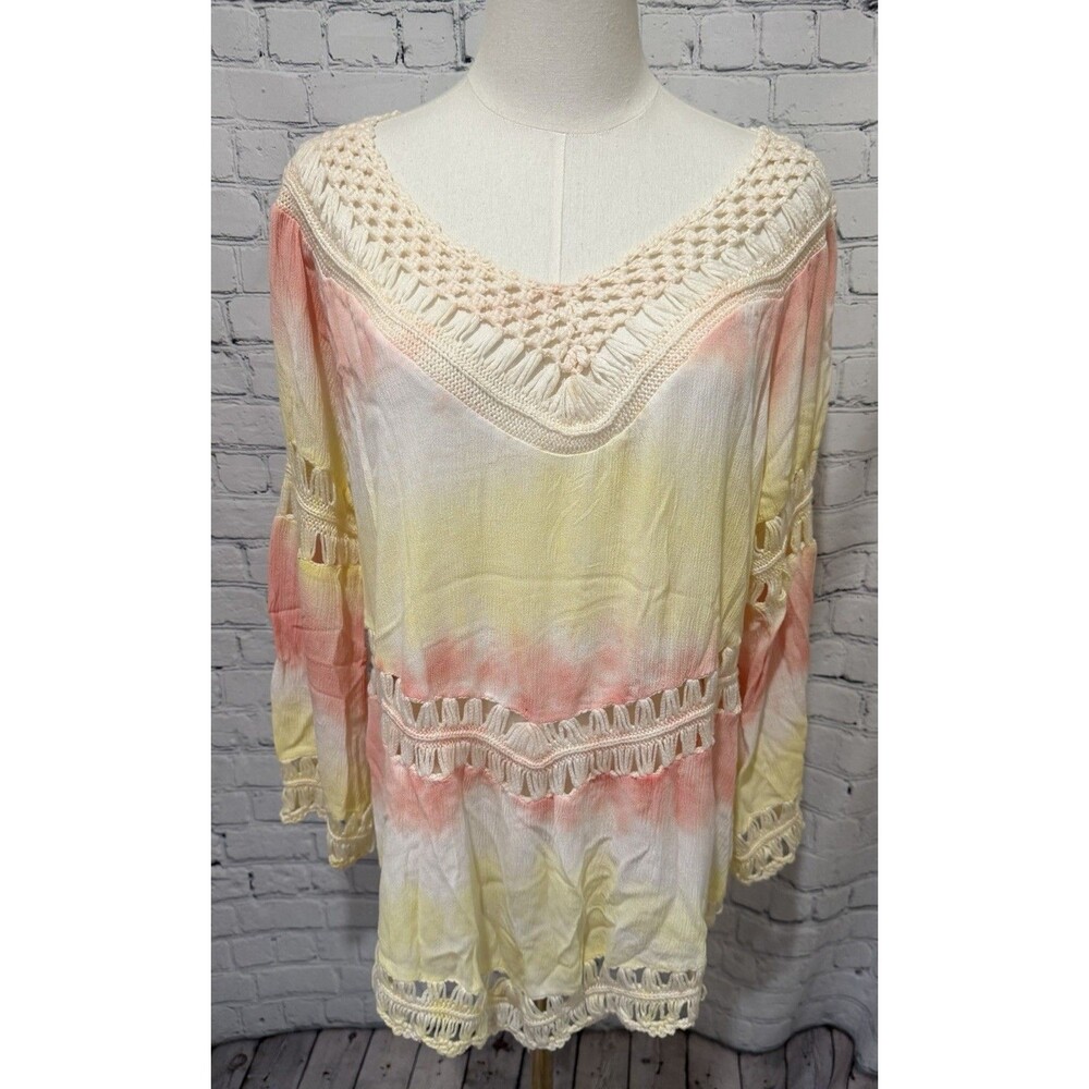 Surf Gypsy pastel tie-dye boho tunic top V-neck, crochet lace trim Size Large